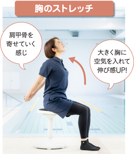 胸のストレッチ 肩甲骨を寄せていく感じ大きく胸に空気を入れて伸び感UP