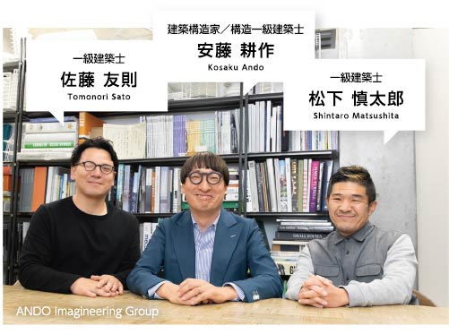 建築構造家/構造一級建築士 安藤 耕作 Kosaku Ando 一級建築士 佐藤 友則 Tomonori Sato 一級建築士 松下 慎太郎 Shintaro Matsushita