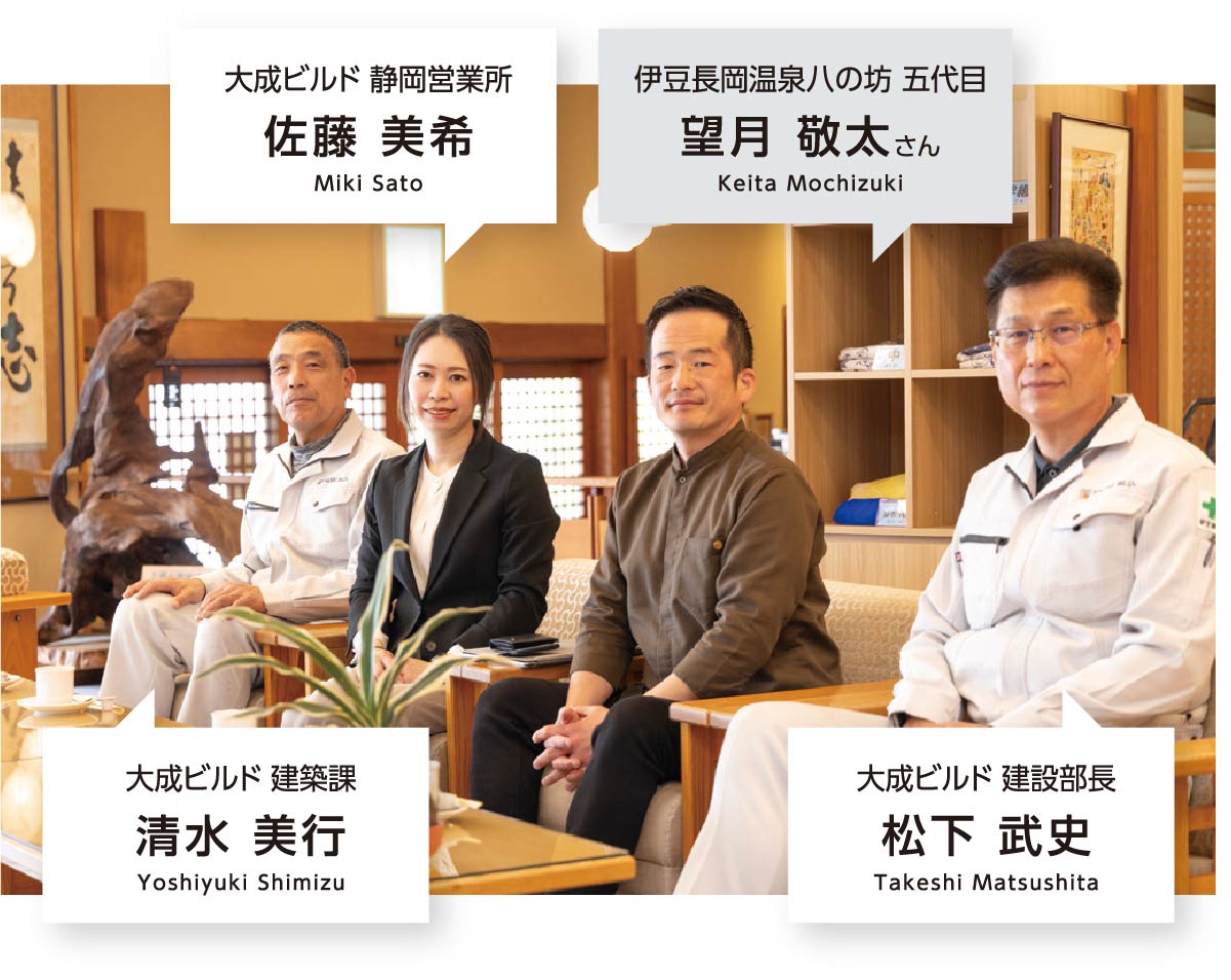 伊豆長岡温泉八の坊 五代目 望月 敬太さん Keita Mochizuki 大成ビルド 建設部長 松下 武史 Takeshi Matsushita 大成ビルド 建築課 清水 美行 Yoshiyuki Shimizu 大成ビルド 静岡営業所 佐藤 美希 Miki Sato