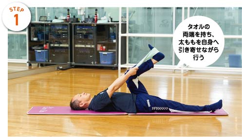 STEP1　タオルの両端を持ち、太ももを自身へ引き寄せながら行う