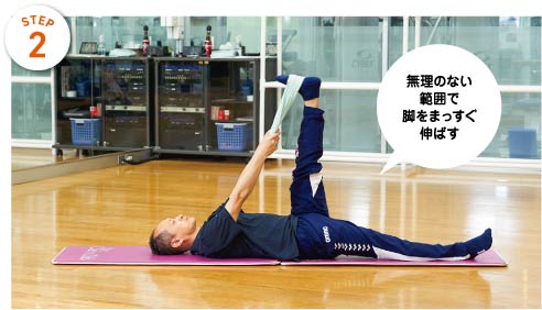 STEP2　無理のない範囲で脚をまっすぐ伸ばす