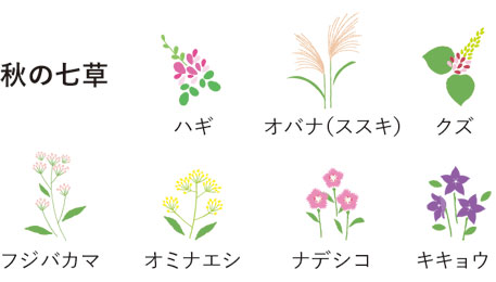秋の七草 ハギ オバナ(ススキ) クズ フジバカマ オミナエシ ナデシコ キキョウ